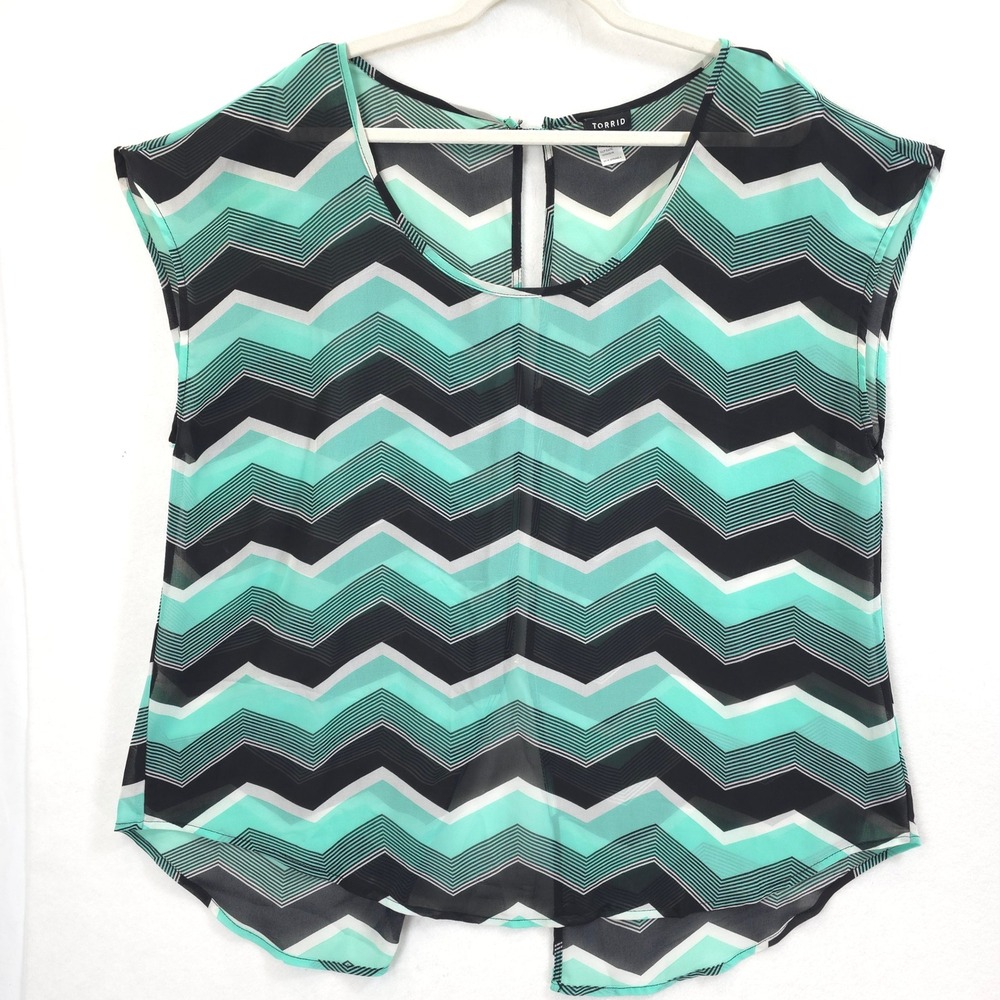 Torrid Blouse Chevron Split Back Sheer Chiffon Mint Black Women XL Mod Coastal